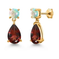 Gem Stone King 18K Yellow Gold Plated Silver Red Garnet and Simulated White Opal Earrings for Women | 8.34 Cttw | Gemstone January Birthstone | Pear Shape 12X8MM