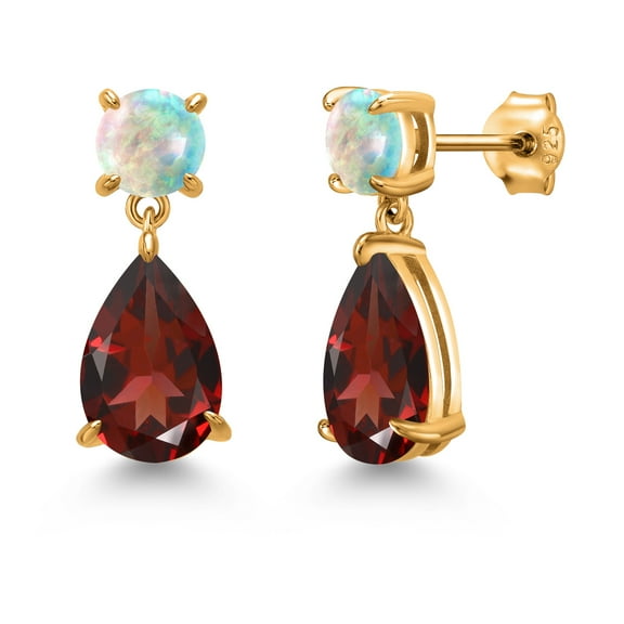 Gem Stone King 18K Yellow Gold Plated Silver Red Garnet and Simulated White Opal Earrings for Women | 8.34 Cttw | Gemstone January Birthstone | Pear Shape 12X8MM