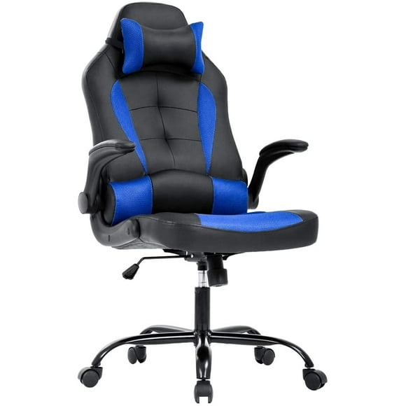 BestOffice Chaise de Gaming, Soutien Lombaire Accoudoirs Relevables Appuie-Tête Cuir PU Pivotante à Roulettes Dossier Haut Réglable Course pour Femmes Hommes Adultes, Bleu
