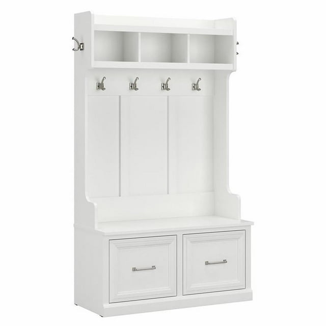 Bowery Hill 40W Engineered Wood Hall Tree and Shoe Bench with Doors in White Ash