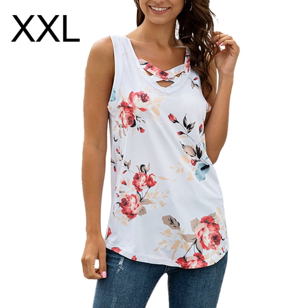 Chaleco de mujer Boho sin mangas camiseta sin mangas con estampado floral camiseta con cuello en V, blanco, XXL seitruly AP002566-05