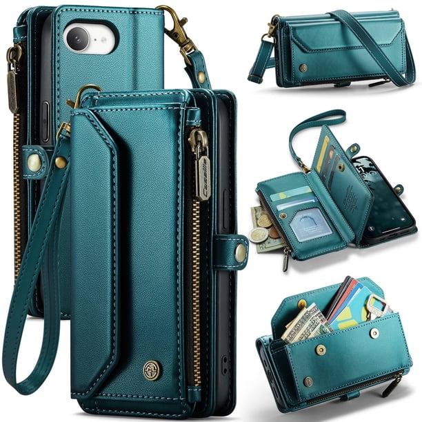 Funda tipo cartera para iPhone 16e con bloqueo RFID, tarjetero, cremallera y ranura para billetes, correa de hombro magnética de piel sintética suave para mujer