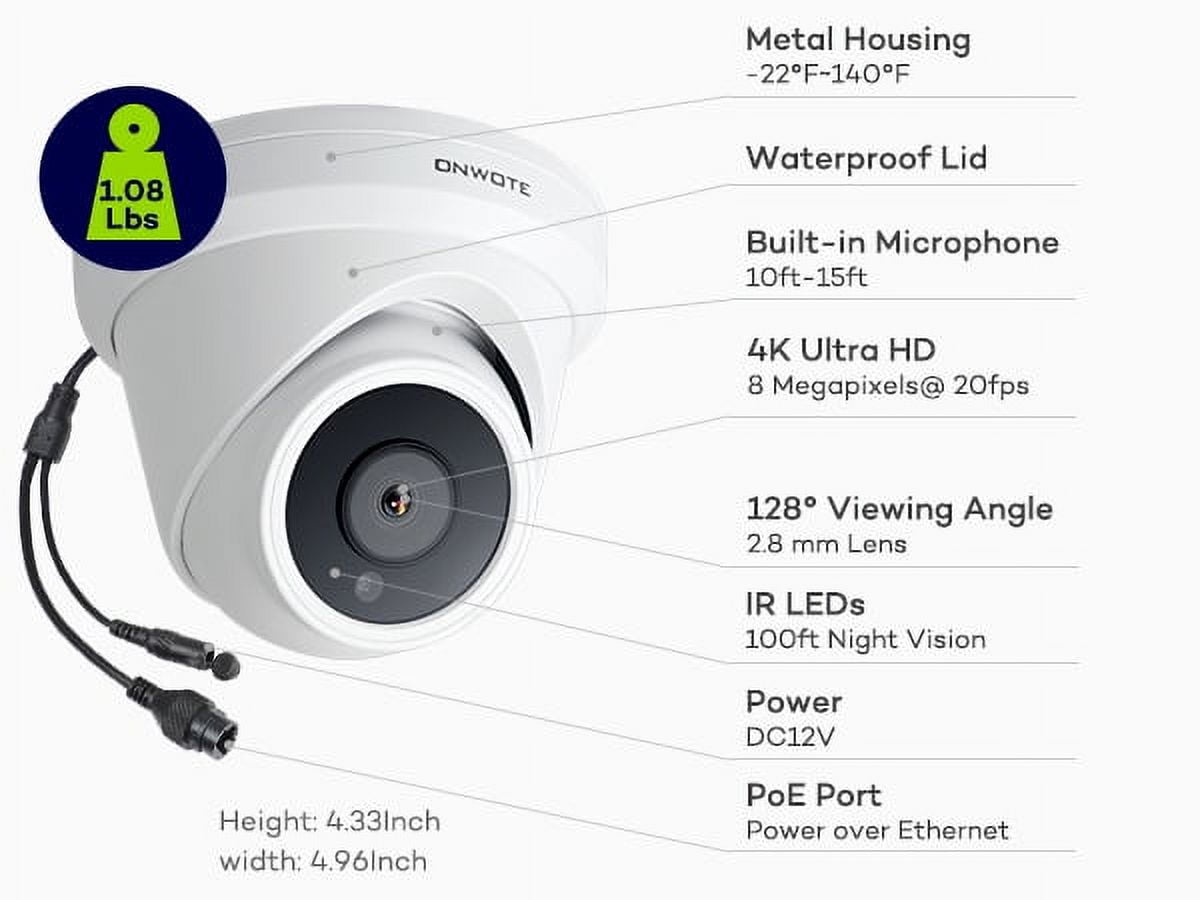 ONWOTE 16 Channel 4K 8MP PoE Security Camera System, AI-Human-Detection, 16CH 8MP NVR with 4TB HDD for 24/7 Recording, 8pcs Commercial 4K PoE IP Cameras Wired with Audio, 2-Storage-Bay