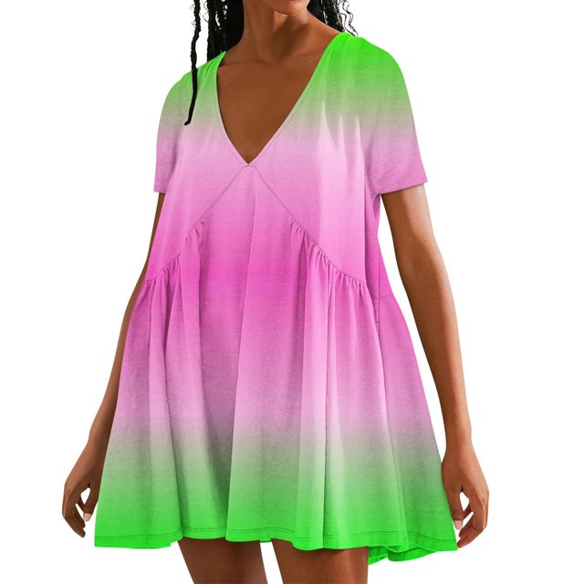 Puntoco Vestido De Manga Corta Con Cuello En V, Vestido De Verano De Manga Corta De Color Liso Para Mujer Rosa M