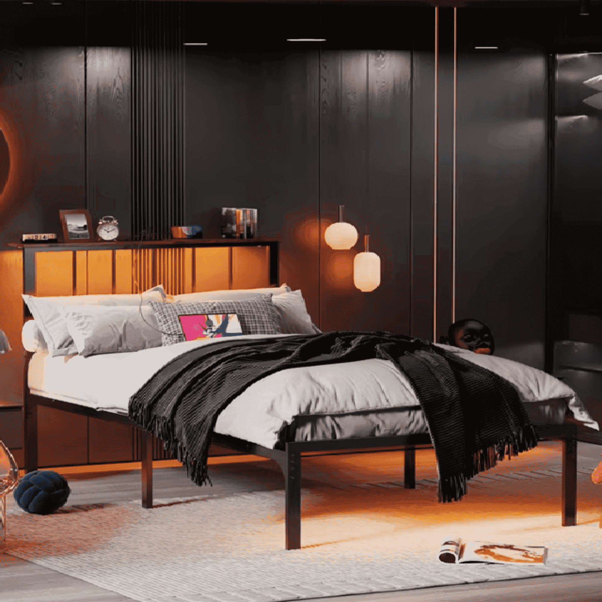 Behost Twin Bed Frame with Storage Headboard LED Lights Charging Station Adjustable Metal Frame Platform Bed Black