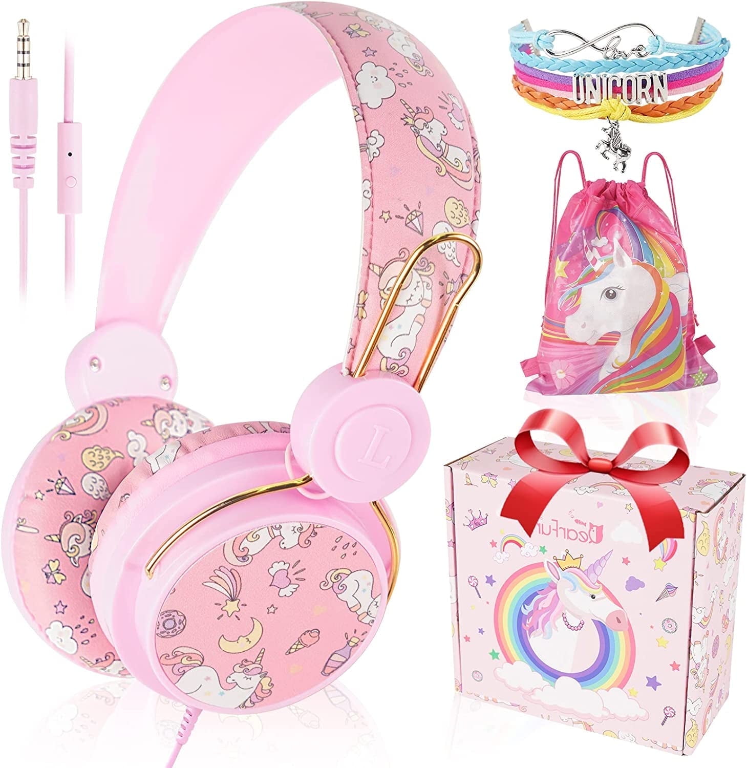 TCJJ Unicorn Kids Wired Headphones with Volume Limiting, Pink