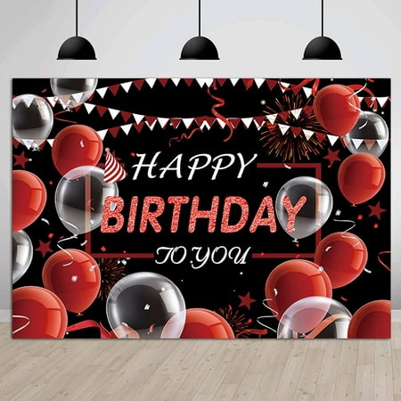 Image of CGXINS Red and Black Happy Birthday Photography Backdrop Balloon Confetti Happy Birthday Banner for Men Woman Birthday