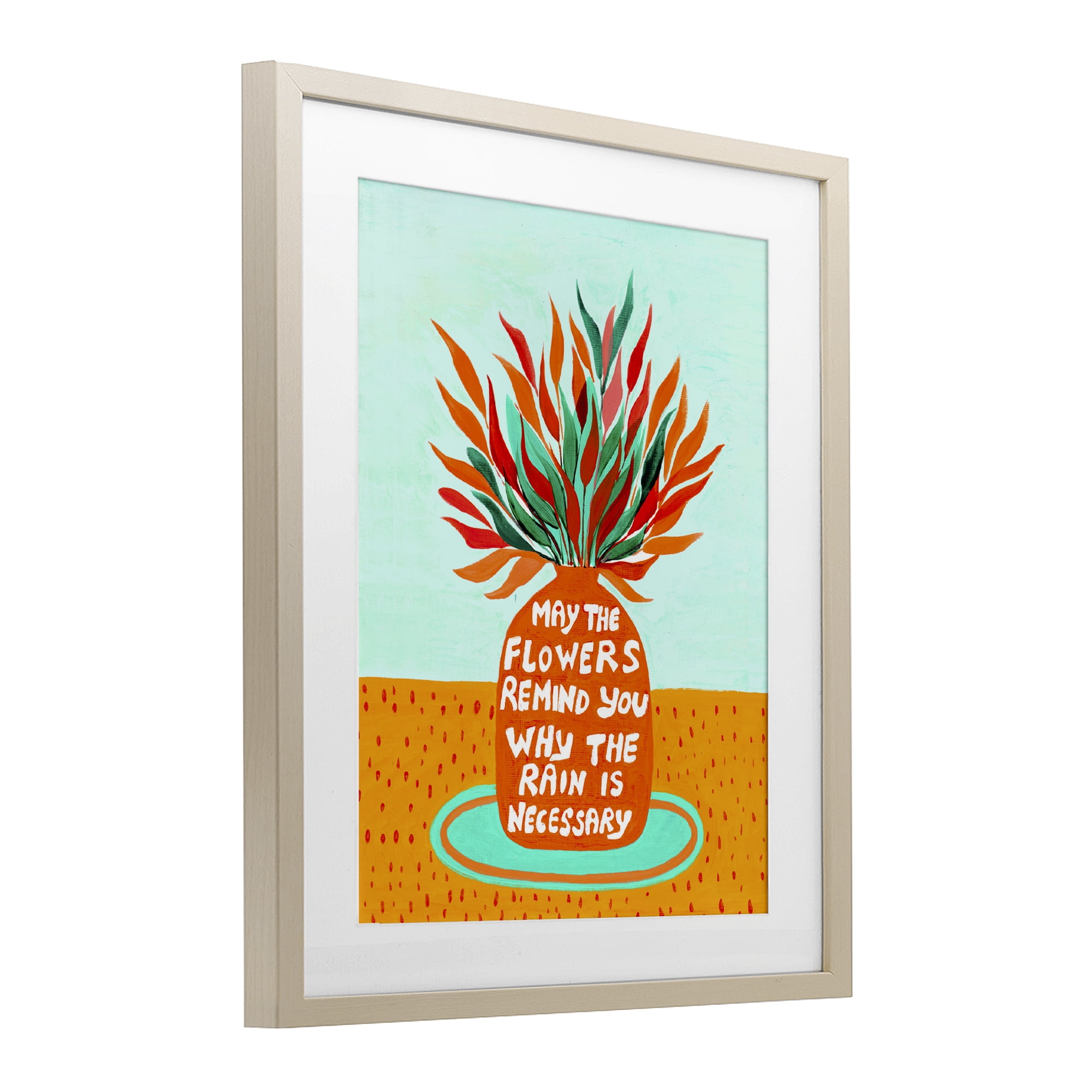 Flowers Remind Rain Is Necessary Birch Framed Print Under Glass, design by Nabeela Rumi