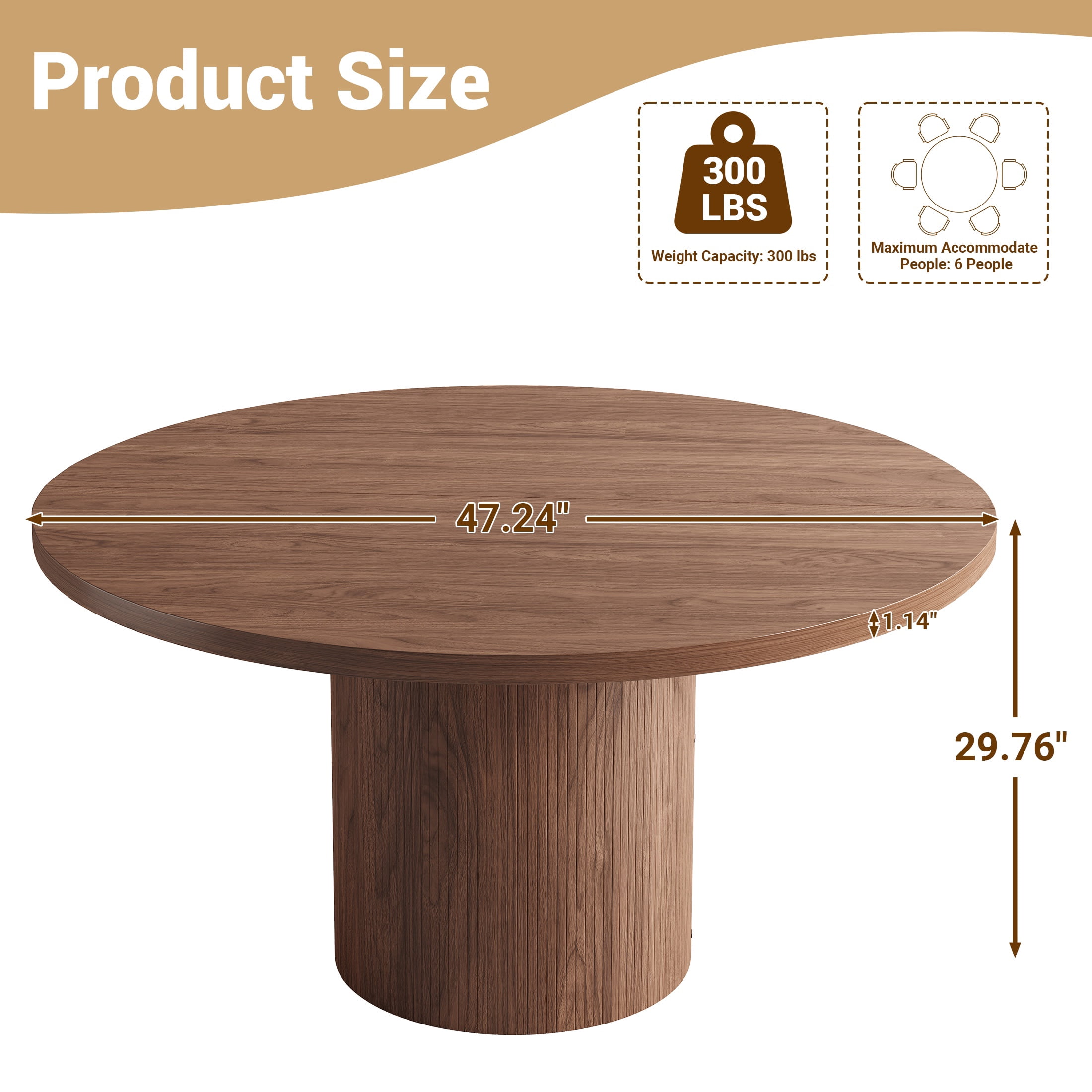 UHOMEPRO Round Dining Table, 47" Circle Kitchen Table for 4-6, Farmhouse Dining Room Table with Sturdy Wood Strip Base, Modern Dining Table for Dining Room Living Room, Walnut(Only Table)
