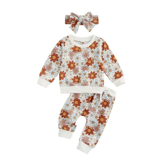 Bagilaanoe 3Pcs Newborn Baby Girl Long Pants Set Flower Print Long Sleeve Sweatshirt Pullover Tops Trousers Headband 6M 12M 18M 24M 3T Casual Sweatsuit