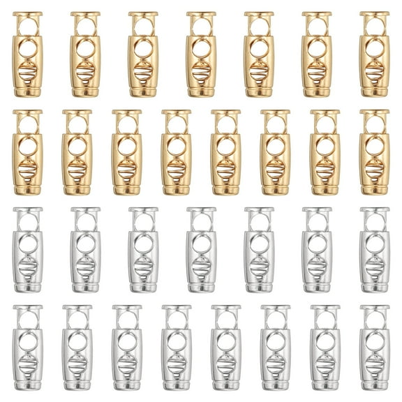 30PCS Metal Cord Locks for Drawstrings, Spring Cord Lock Toggles Stopper Clamp 2 Holes Adjustable Slider End Fastener for Paracord Outdoor Bag Shoes Backpack, Gold Silver