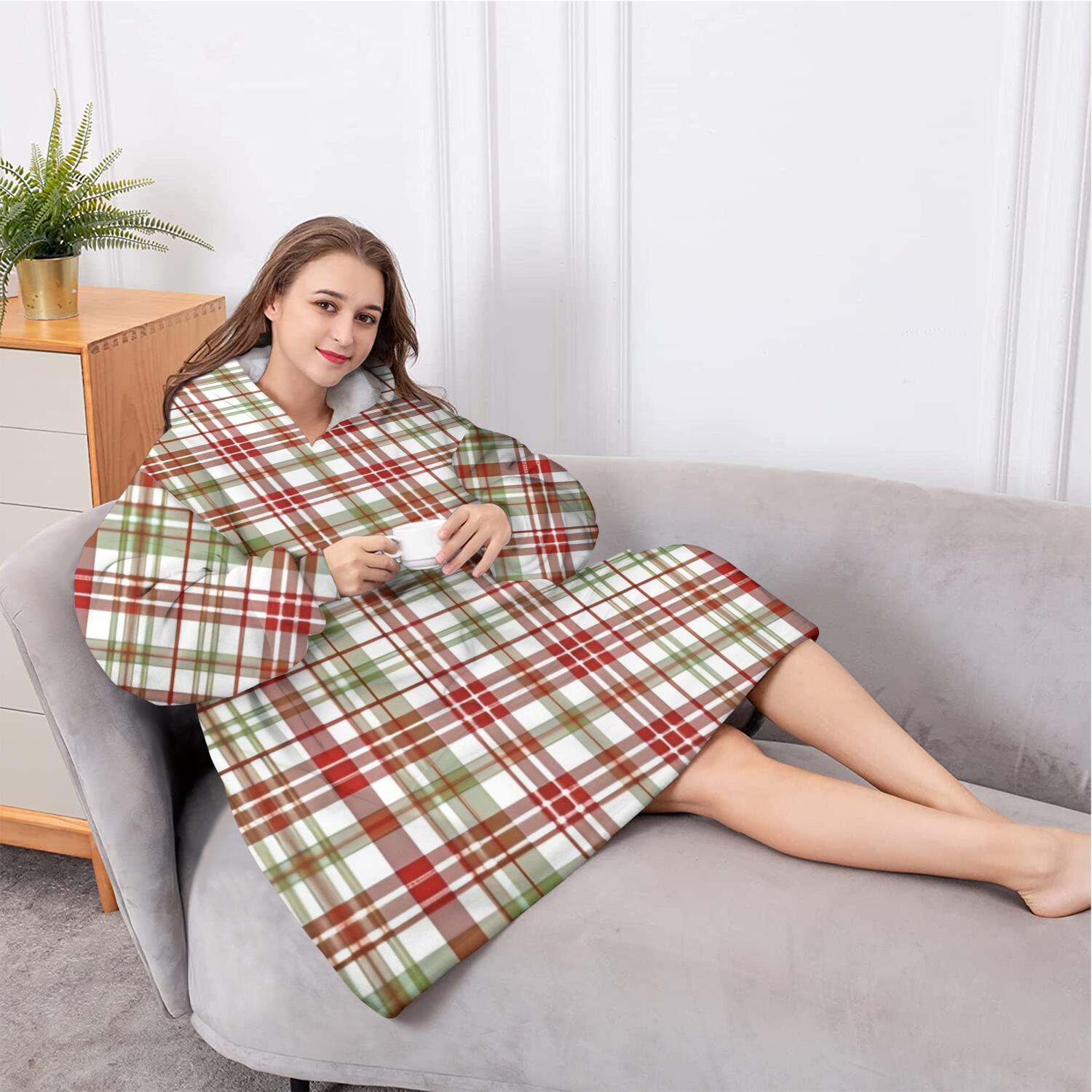 Oversized Wearable Blanket Hoodie,Multi Color Plaid Checkered Pattern Sherpa Blanket Hoodie with Super Pockets,Super Warm Fuzzy Pullover for Women & Men