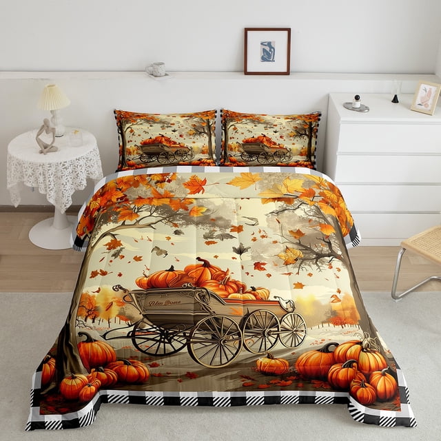YST Ensembles de Literie Rétro Rustiques d'Automne Simple, Ensemble de Couette Citrouilles de Récolte d'Automne Thème de l\'Action de Grâce pour Enfants Adultes, Ensemble de Lit Feuilles d'Érable Campagnard