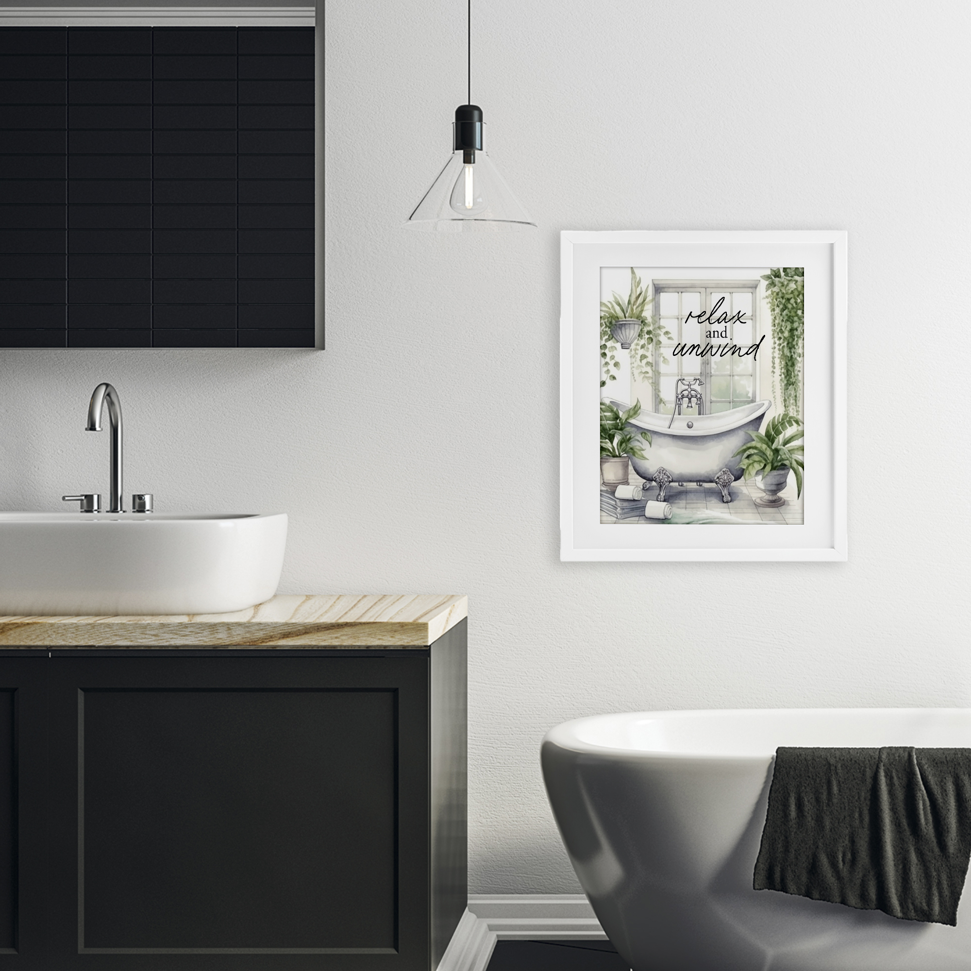 Relax Unwind Bath & Foliage White Framed Print Under Glass, design by Lettered and Lined