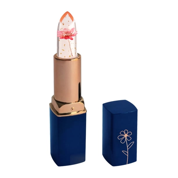 Lip balm lipstick moisturize Lip Care Plastic Free Dark Blue Tube Transparent Dried Flower Lipstick Gold Leaf Jelly Color Changing Moisturizing Lip Balm(Buy 2 save 10%)