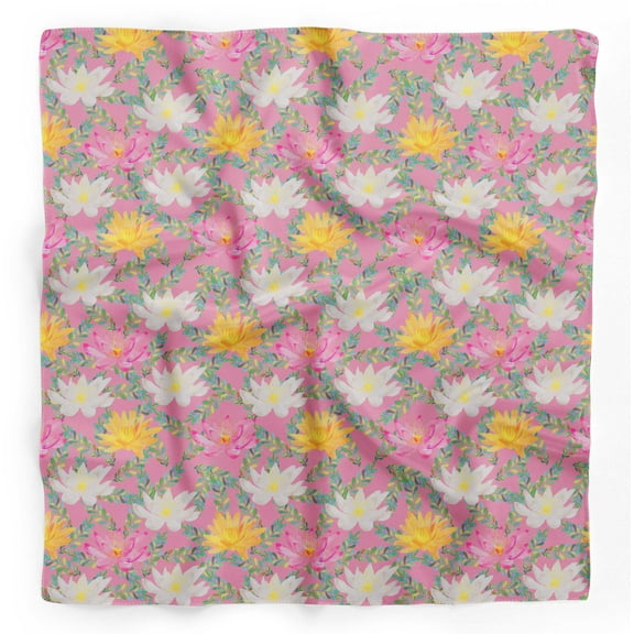 Bimba Pink Leaves & Water Lily Floral Printed Pure Silk Scarf Neck Wrap Summer Hair Bandanas For Women 40 x 80 Inches