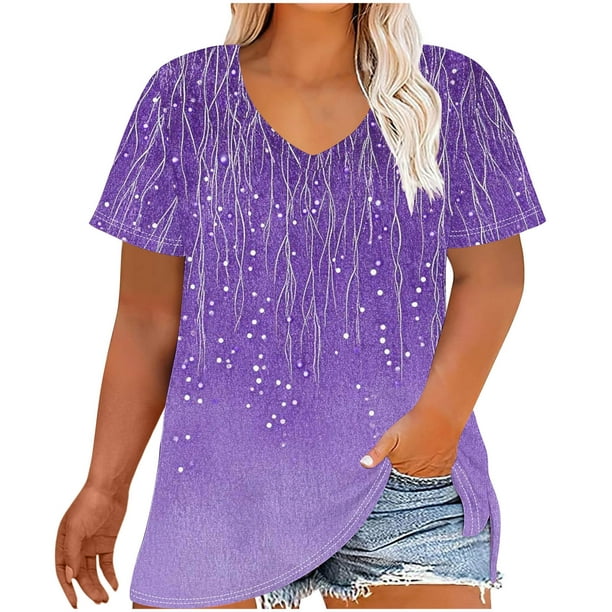 Camiseta de Base de Impresión de Manga Corta con Cuello en V para las Mujeres, Más Tamaño Estante de Imitación Casual Superior