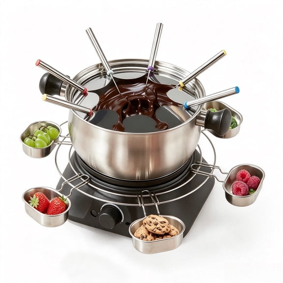 FOHERE 1500W Electric Fondue Set 2L Non-Stick Pot Adjustable Temp 8 Forks 6 Cups Silver