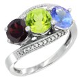 thumbnail image 1 of 14K White Gold Natural Garnet, Peridot & Tanzanite 3 stone Ring Round 6mm Diamond Accent, size 5, 1 of 2