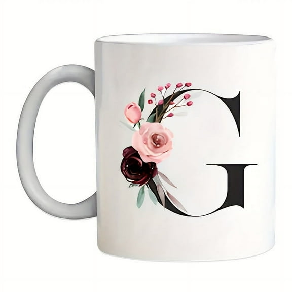1pc, Initial Letter Mug, Name Mug, Funny Coffee Mug, Monogram Mug, Floral Alphabet Mug, Flower Coffee Mug, Gift For Mom Daughter, Ceramic Mug Double-sided Design, Coffee Cup, Tea Cup, Drinkware
