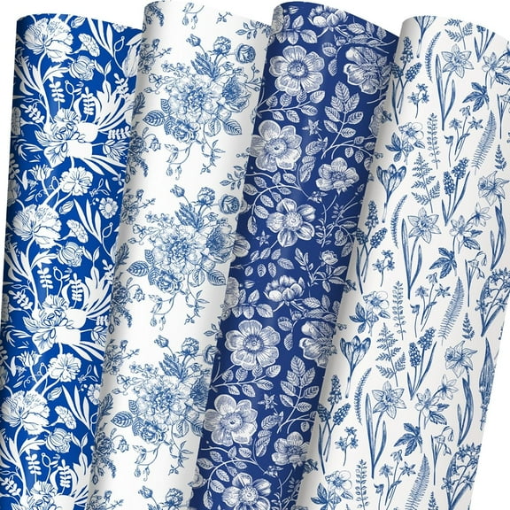 A house of tools Blue White Floral Wrapping Paper for Women, Girls - Gift Wrap With Flowers and Plants for Birthday Wedding Bridal Shower - 20 x 29 Inches, 8 Folded Sheets, Easy to Store…