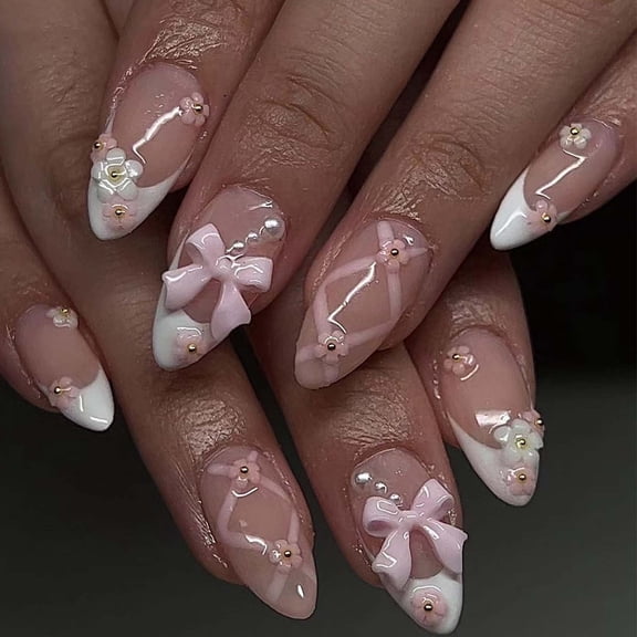 Medium Almond Press on Nails White French Tips Pink Fake Nails with 3D Flower Crystal Acrylic Nails Press-on False Nail Glue Reusable Nail Stickers 24pcs