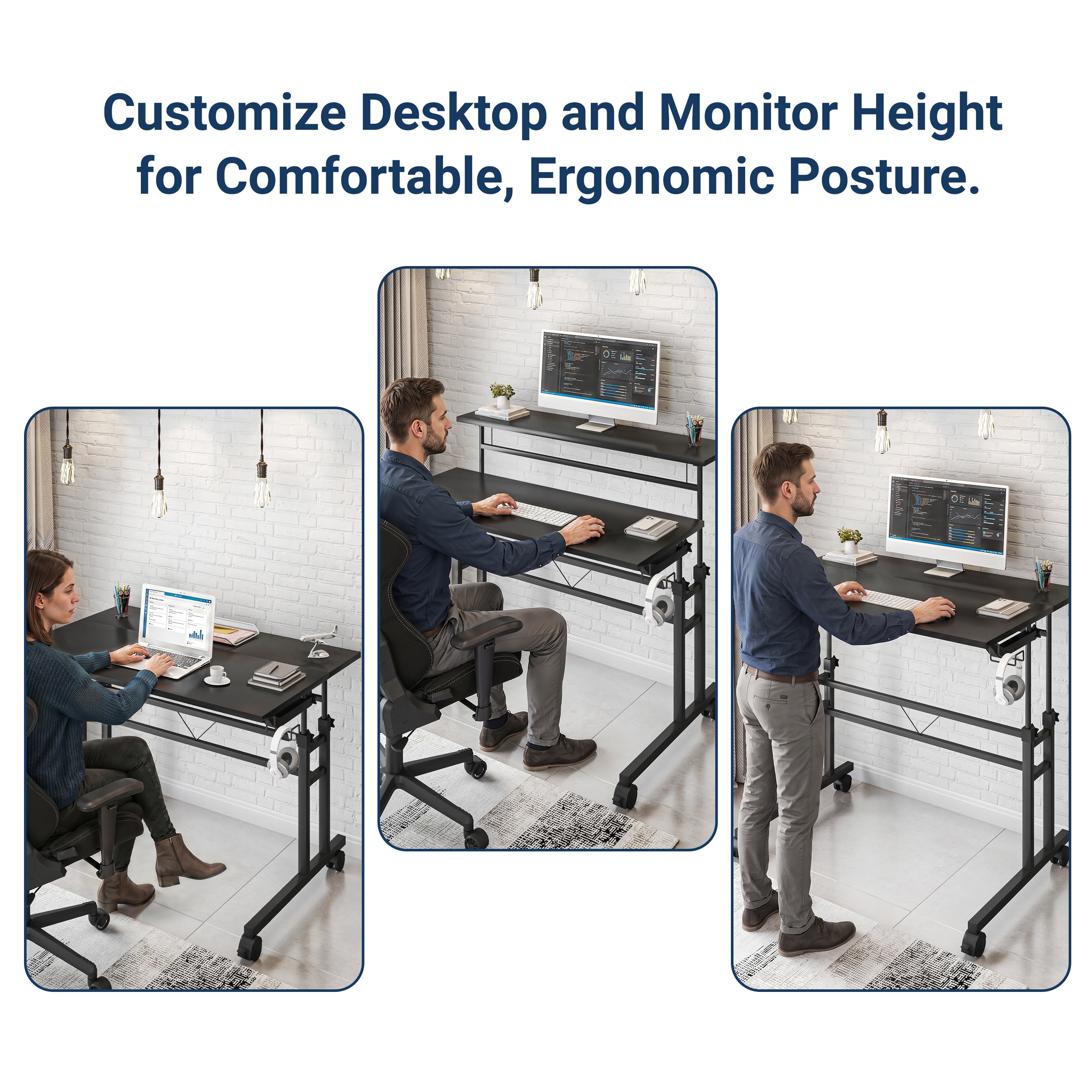 Rolling Writing Desk with Height Adjustable Desktop and Moveable Shelf, Black