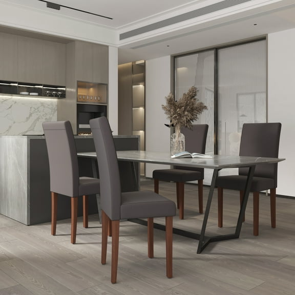 Emma Oliver Four Mid-Century Gray Fabric Parsons Chairs and Mahogany Finished Hardwood Frame for Kitchen, Dining Room & More