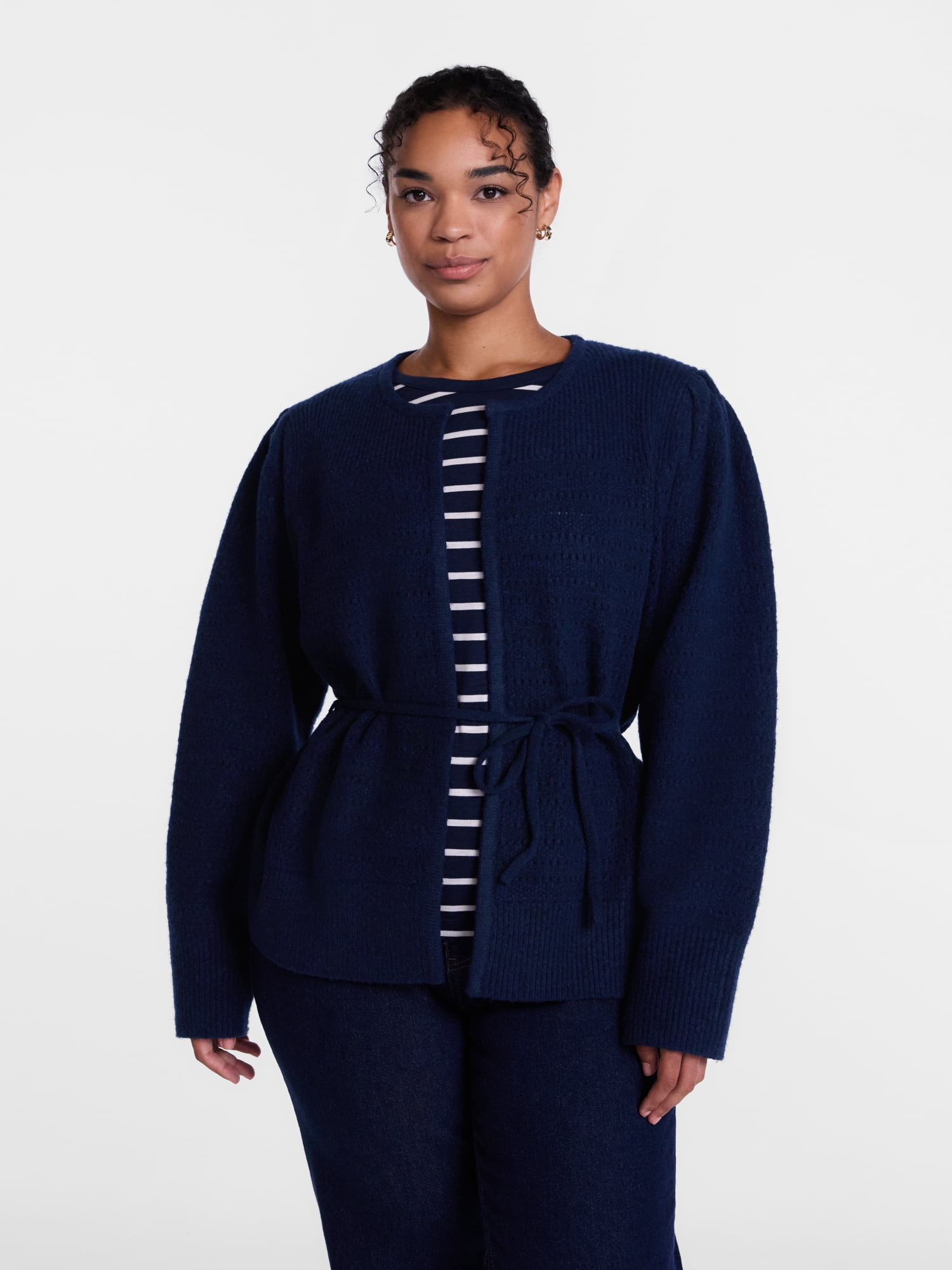 Scenario Women's and Women's Plus Open Tie Cardigan Lightweight Sweater with Long Sleeves, Sizes XS-4X