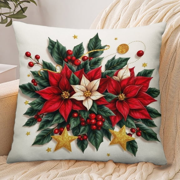 RKSupls 18x18 Inch Envelope Throw Pillow Cover, Christmas Poinsettia Wreath Soft Polyester Modern Farmhouse Decorative Cushion Case for Home Bedroom Living Room