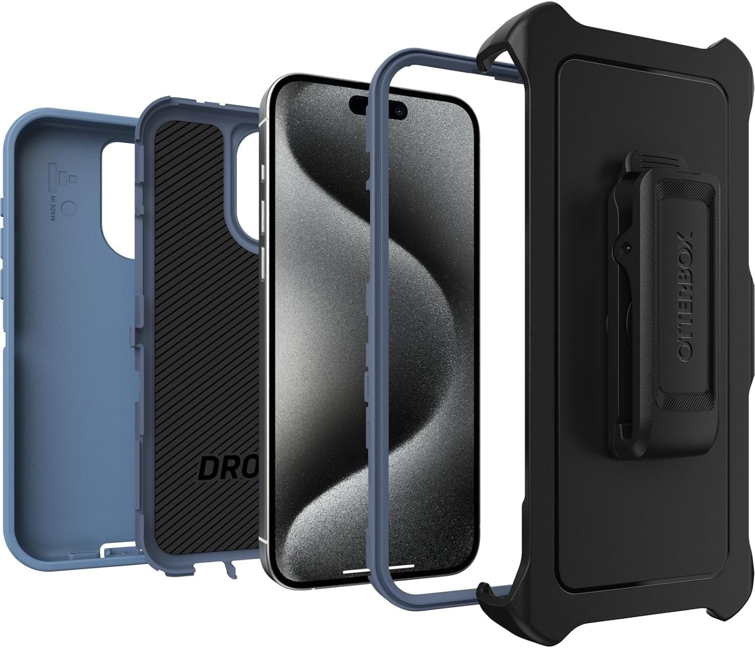 OtterBox iPhone 15 Pro Max Only - Defender Series Case - Baby Blue Jeans Blue - Screenless - Rugged & Durable - with Port Protection - Holster Clip Includes - Non-Retail Packaging