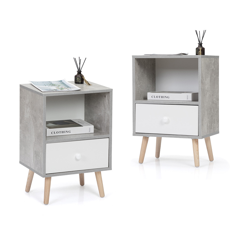 Kepooman Set of 2 Nightstands, End Table with Wood Storage Drawer and Open Wood Shelf, Bedside Furniture, Side Table for Bedroom, Dorm, Easy Assembly, Gray + White Kepooman Set of 2 Nightstands, End Table with Wood Storage Drawer and Open Wood Shelf, Bedside Furniture, Side Table for Bedroom, Dorm, Easy Assembly, Gray + White