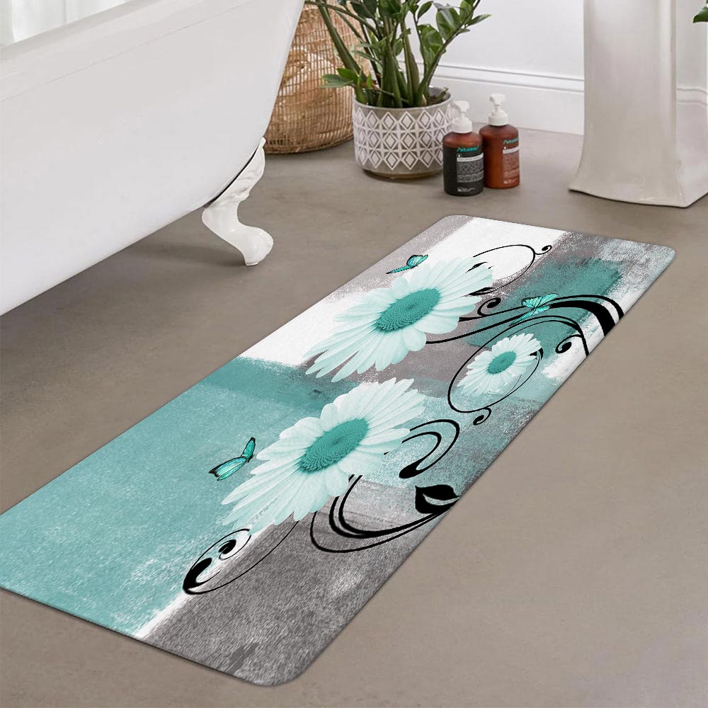 Rustic Farmhouse Bath Rug with Teal Daisies & Butterflies | Non-Slip Floral Floor Mat in Mint Green, 17x48 Inch