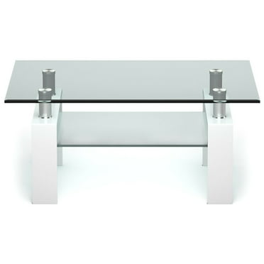 Canddidliike Rectangle Glass Coffee Table with Metal Legs for Living Room-White, Dining Coffee Table for Living Room and Office