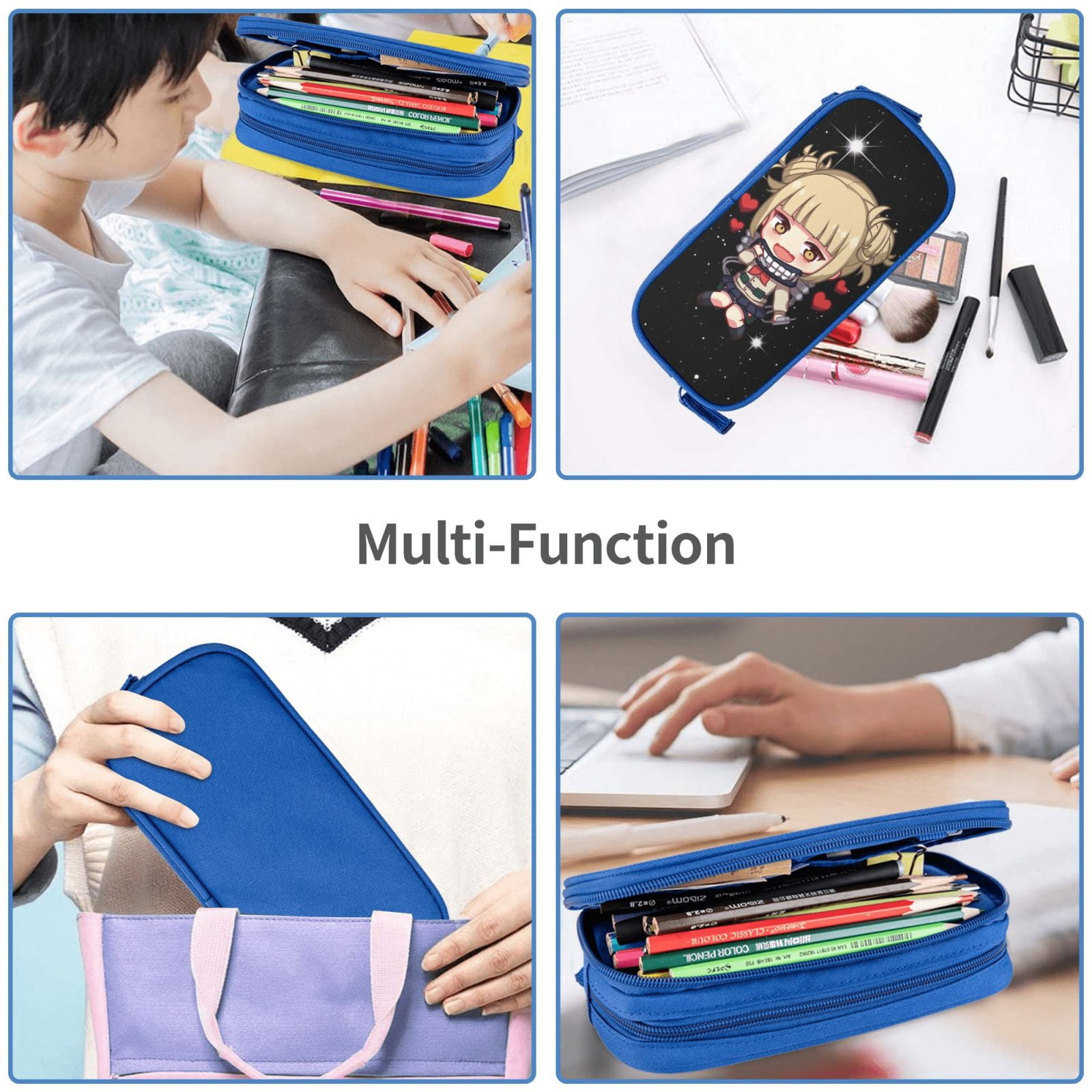 My Hero Academia Himiko Toga Pencil Case Large Capacity Pencil Pouch Pen Bag Office Stationery Organizer Travel Makeup Bag Blue