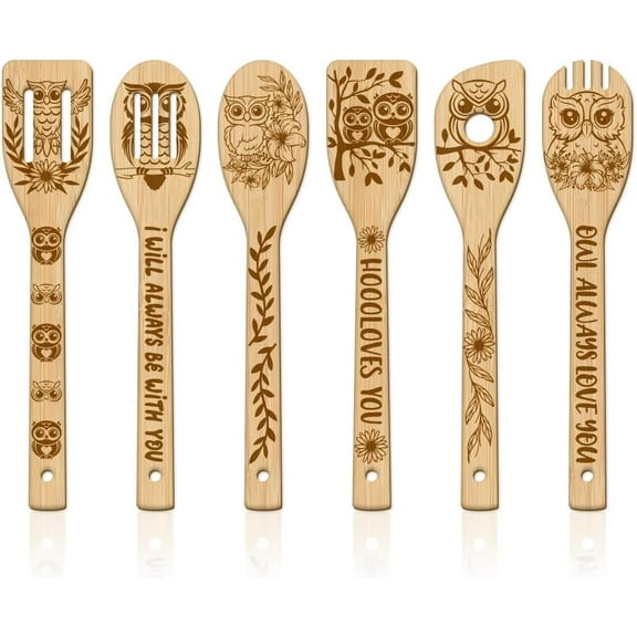 6Pcs Owl Bamboo Cooking Utensils Wooden Engraved Cooking Spoons Set Carving Kitchen Bamboo Spatula Set for Women and Men Wood Cooking Spoon for Kitchen Fun House Warming Gift