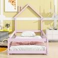thumbnail image 2 of Floor Bed, Twin Size Montessori Bed with House-shaped Headboard, Wooden Bed Frame, Platform Bed Frame with Fences for Adults Girls and Boys, Pink, 2 of 9