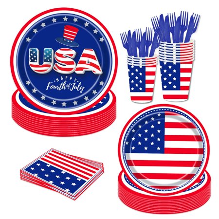 Patriotic Party Pack - 144 Piece Set for Veteran's Day, Labor Day, Columbus Day - Includes Plates, Napkins, Cups, Cutlery - Serve 24 Guests