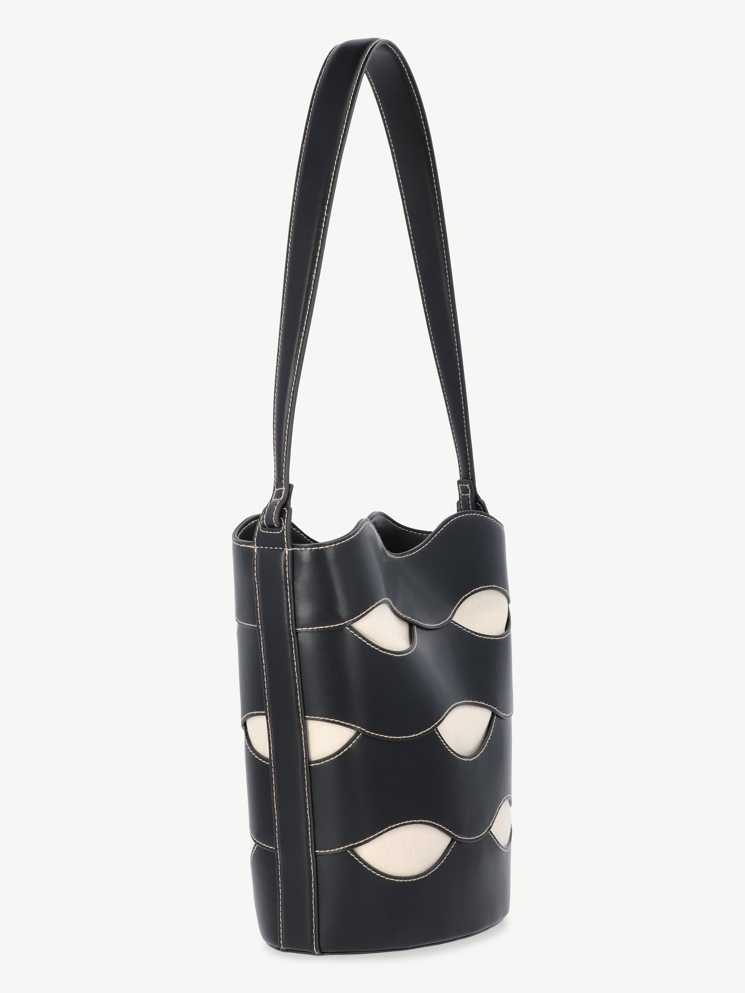 Free Assembly Women's Maria Cut Out Bucket Bag, Black/Cream