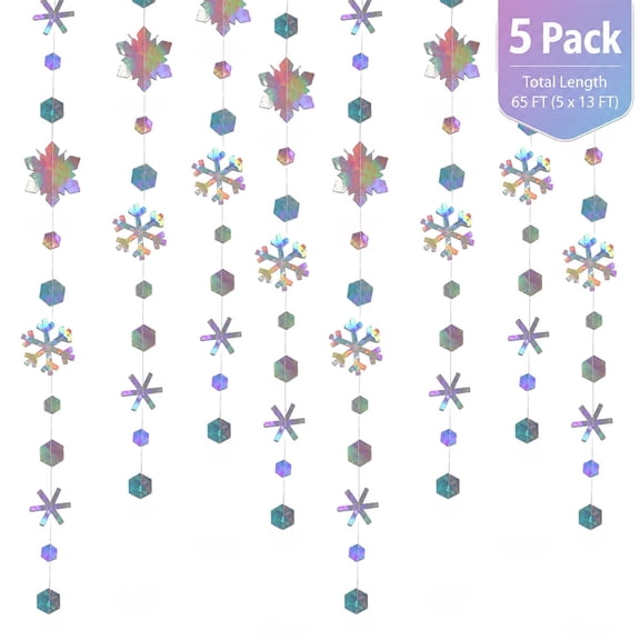 Snowflake Garlands, Iridescent Holographic Hanging Paper Streamers, 5 Pack 65 Ft Total, for Winter Wonderland and Christmas Party Decorations