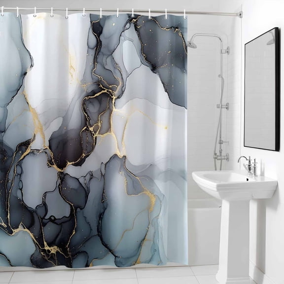 Shower Curtain for Bathroom Gradient Black Gray Marble Texture Waterproof Bath Curtains Shower Curtains with Hooks,Gold Striped Bathroom Curtain Privacy Drapes for Bathtubs Toilet 36x72in