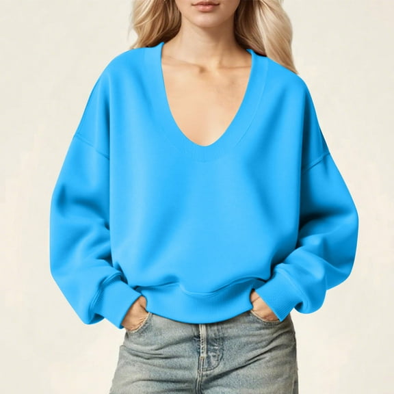 DAFPZW Womens Scoop Neck Sweatshirts Solid Color Long Sleeve Fleece Lined Sweatshirt Fall Casual Loose Fit Pullover Tops