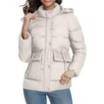 thumbnail image 5 of Women's Winter Hooded Jacket Solide Color Zip UP Puffer Jacket Thicken Stand Collar Snow Coat with Removable Hood Beige 2XL, 5 of 9