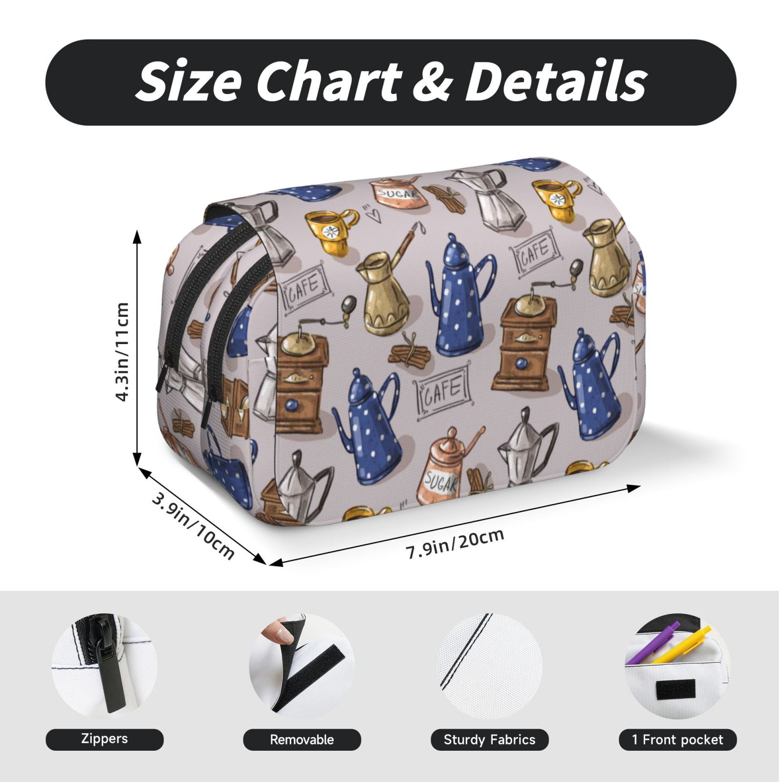 Rateoe Antique Vintage Teapot Coffee Grinder Pattern Double Clamshell Pen Case, Storage Organizer with Two Zipper Compartments– Holds Up to 50 Pencils & Pens