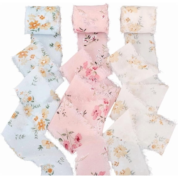 3 Style Floral Fringe Chiffon Ribbon 15Ydsx1.7In Handmade Frayed Edge Fabric Silk Chiffon Ribbon Set DIY for Wedding Party Birthday Invitations Spring Flower Bouquets Gift DIY Crafts Wrapping