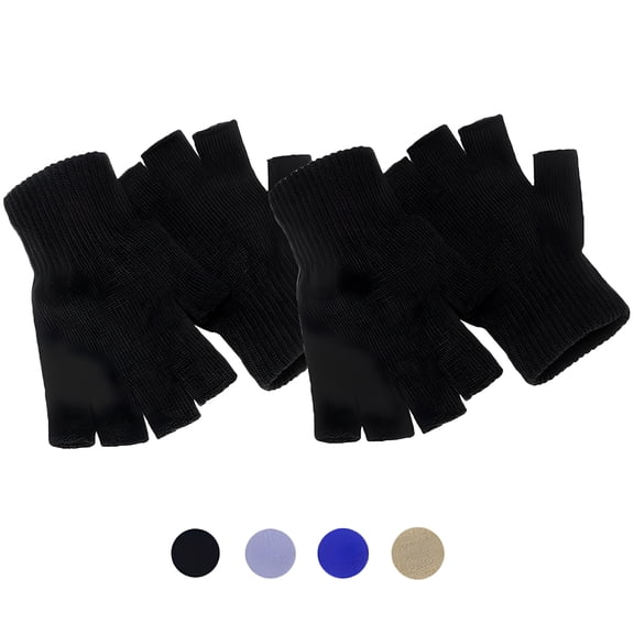 TELOLY 2 Pairs Unisex Half Finger Gloves Stretchy Knit Fingerless Winter Gloves Without Flap Cover Mitten Gloves "Black"