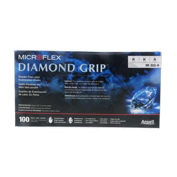 Microflex Diamond Grip Powder-Free Latex Examination Glove, Medium, White (100pcs) 5 Pack