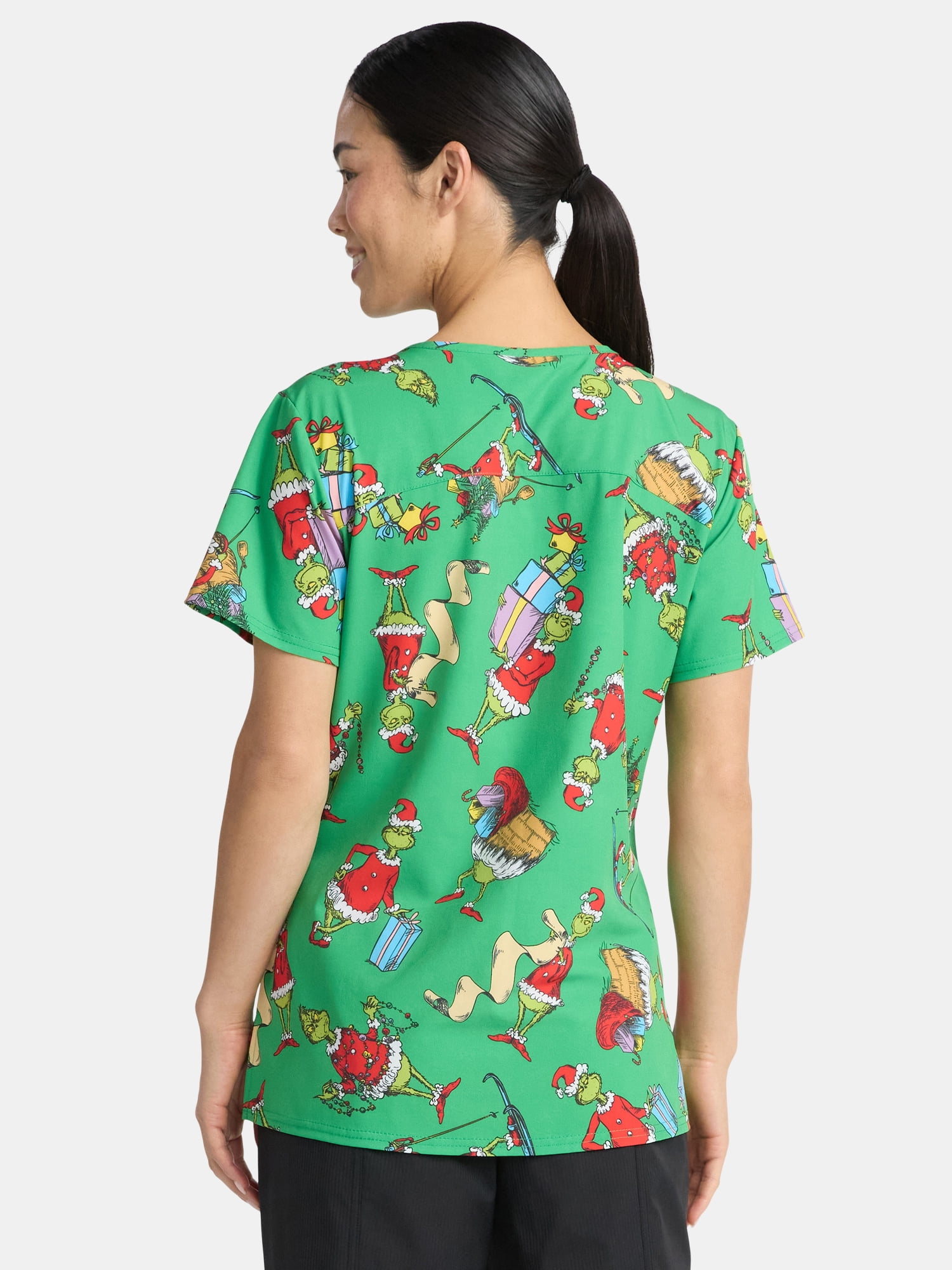 Dr. Seuss Women's Holiday Scrub Top with Short Sleeves, Sizes S-3XL