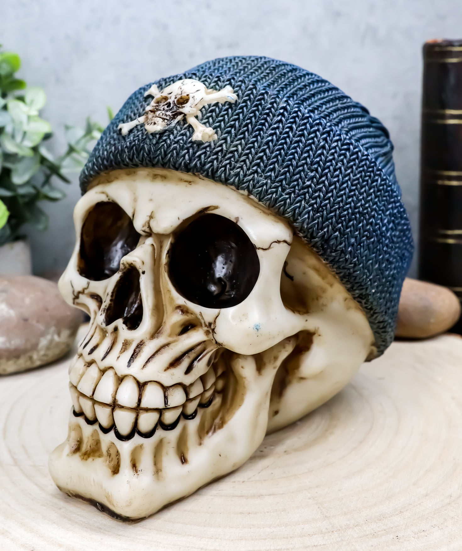Skull with Knit Hat & Crossbones Figurine Statue Skeleton Halloween 