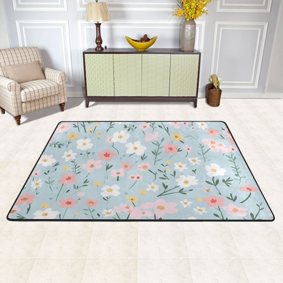 Floral Flowers Blue Area Floor Mats Soft Large Nursery Rugs Non-Slip Foam Carpets Living Room Doormat for Bedroom Dinning Decor 36" x 24"